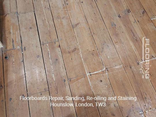 Floorboards repair, sanding, re-oiling and staining in Hounslow 1