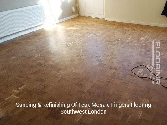 Sanding and refinishing of teak mosaic fingers flooring in Southwest London 1