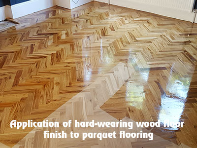 Application of hard-wearing wood floor finish to parquet flooring