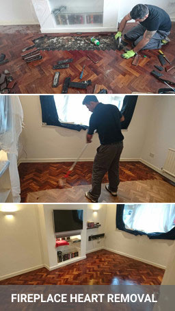 Repair and refinishing parquet floor after fireplace heart removal