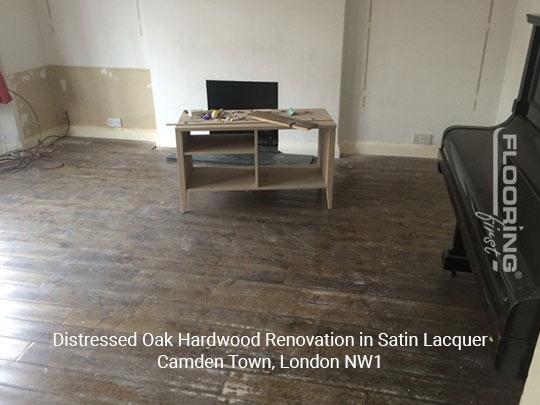 Distressed oak hardwood renovation in satin lacquer in Camden Town
