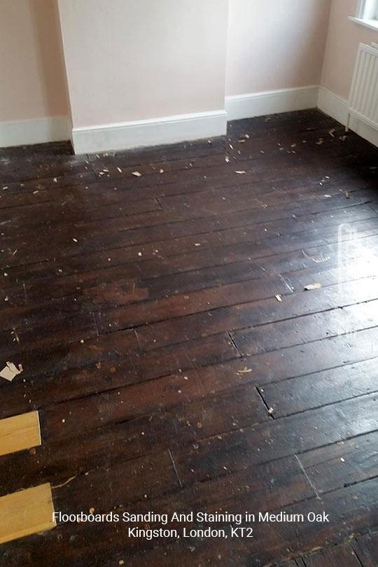 Medium oak floorboards sanding and staining in Kingston