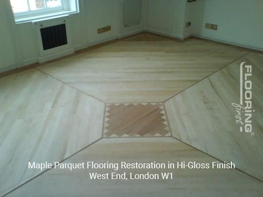 Maple parquet flooring restoration in hi-gloss finish in West End