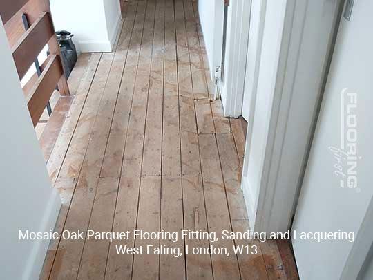 Mosaic oak parquet flooring installation, sanding and lacquering in West Ealing 1