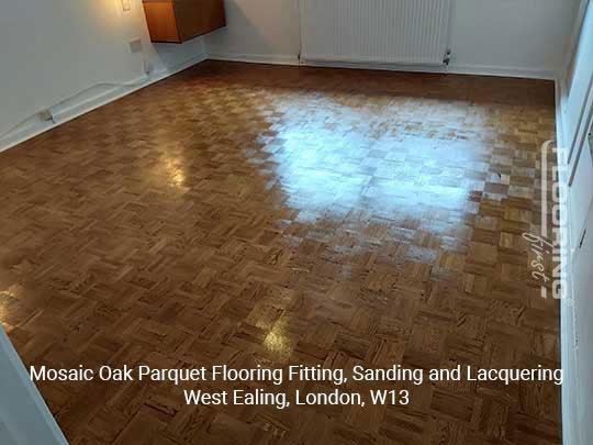 Mosaic oak parquet flooring installation, sanding and lacquering in West Ealing 13