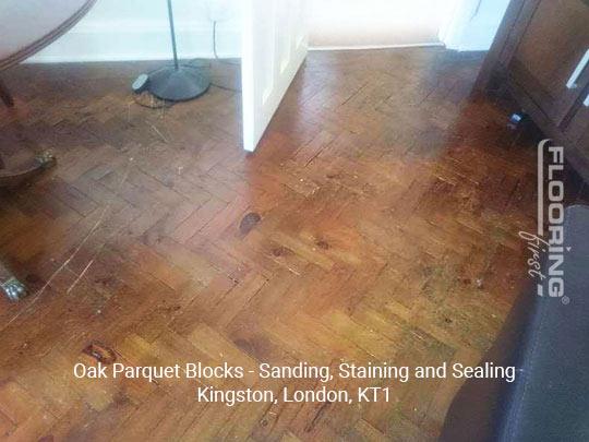 Oak parquet blocks - sanding, staining and sealing in Kingston