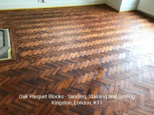 Oak parquet blocks - sanding, staining and sealing in Kingston 1