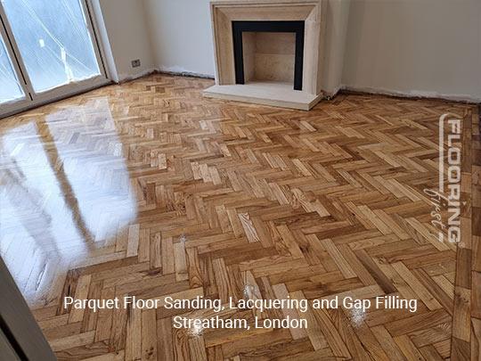 Parquet floor sanding, lacquering and gap filling in Streatham 8
