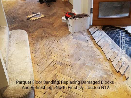 Parquet floor sanding, replacing damaged blocks and refinishing in Finchley