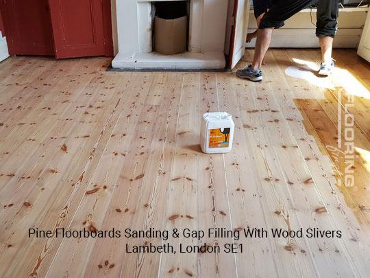 Pine floorboards sanding & gap filling with wood slivers in Lambeth 2