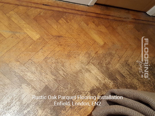 Rustic oak parquet flooring installation in Enfield