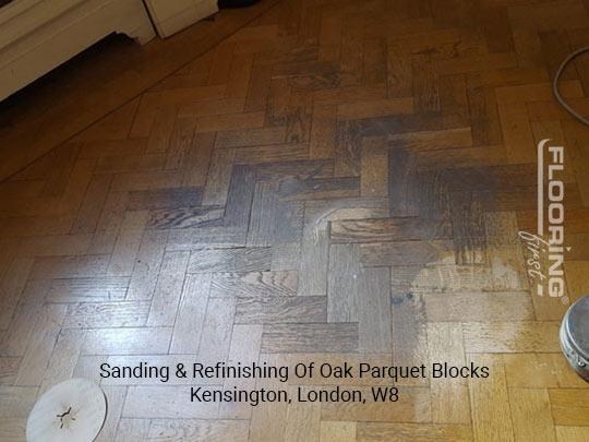 Sanding & refinishing of oak parquet blocks in Kensington