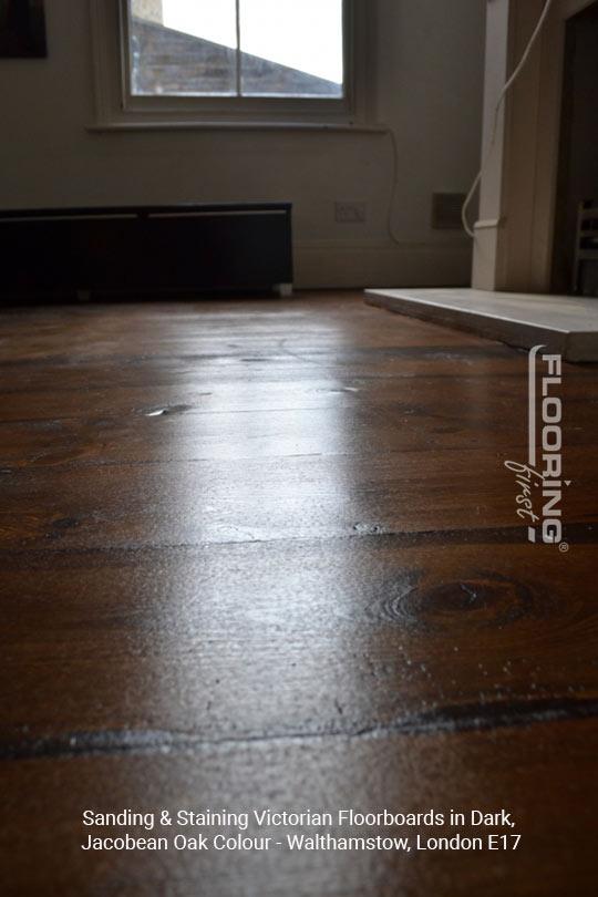 Sanding & staining Victorian floorboards in dark, Jacobean oak colour in Walthamstow 2