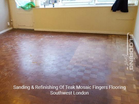 Sanding and refinishing of teak mosaic fingers flooring in Southwest London