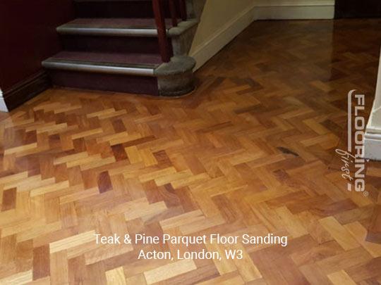 Teak and pine parquet floor sanding in Acton