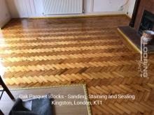 Oak parquet blocks - sanding, staining and sealing in Kingston 3