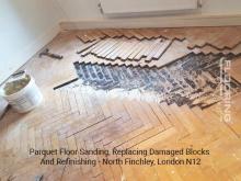 Parquet floor sanding, replacing damaged blocks and refinishing in Finchley 1