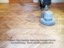 Parquet floor sanding, replacing damaged blocks and refinishing in Finchley 2