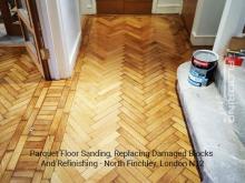 Parquet floor sanding, replacing damaged blocks and refinishing in Finchley 4