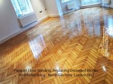 Parquet floor sanding, replacing damaged blocks and refinishing in Finchley 5