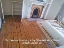 Pine floorboards sanding & gap filling with wood slivers in Lambeth