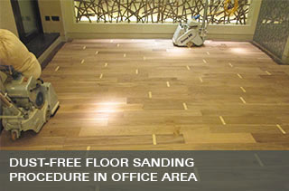 Office floor sanding process with dustless equipment
