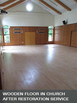 The hardwood flooring in a church after sanding and sealing