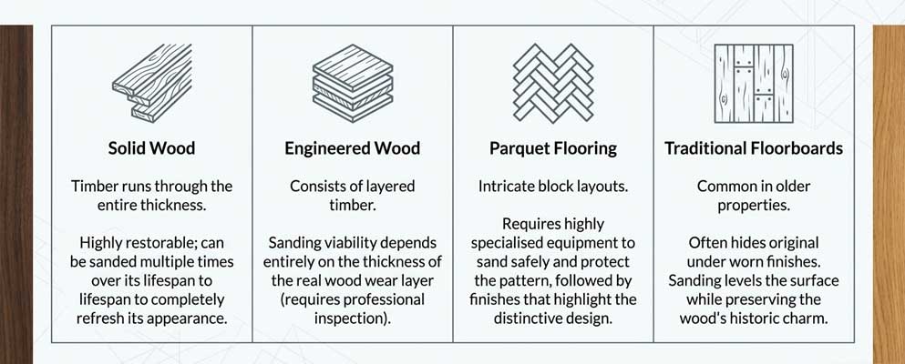 types of wooden floors we sand including parquet floorboards and engineered wood