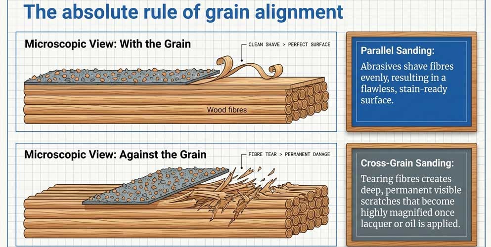 Sand along the wood grain