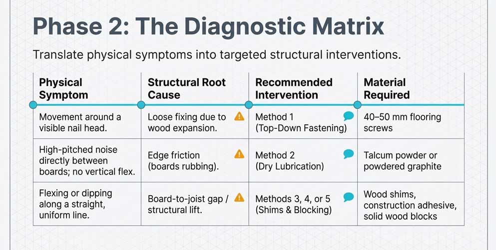 Creaky floors - diagnostic matrix
