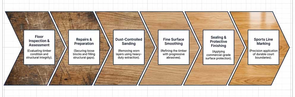 Our School Floor Sanding Process Explained school floor sanding process step by step sports hall restoration London