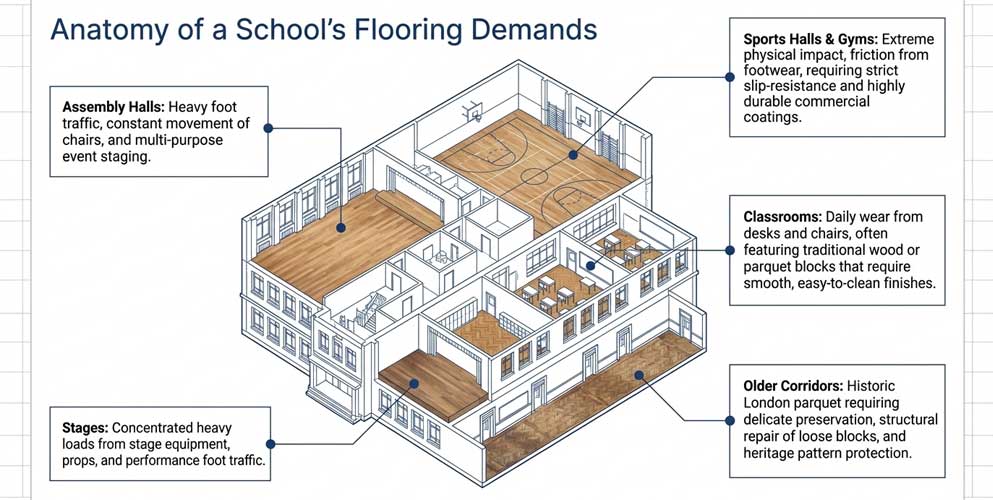 Types of School Floors We Restore in London school wooden floors sports hall assembly hall parquet restoration London