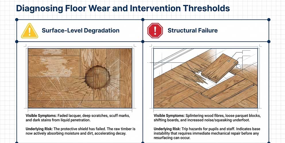 Signs Your School Floor Needs Professional Sanding worn school floor scratches faded finish sports hall sanding needed