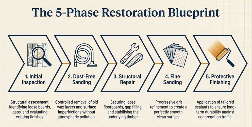 church floor sanding process careful restoration historic wooden floors London