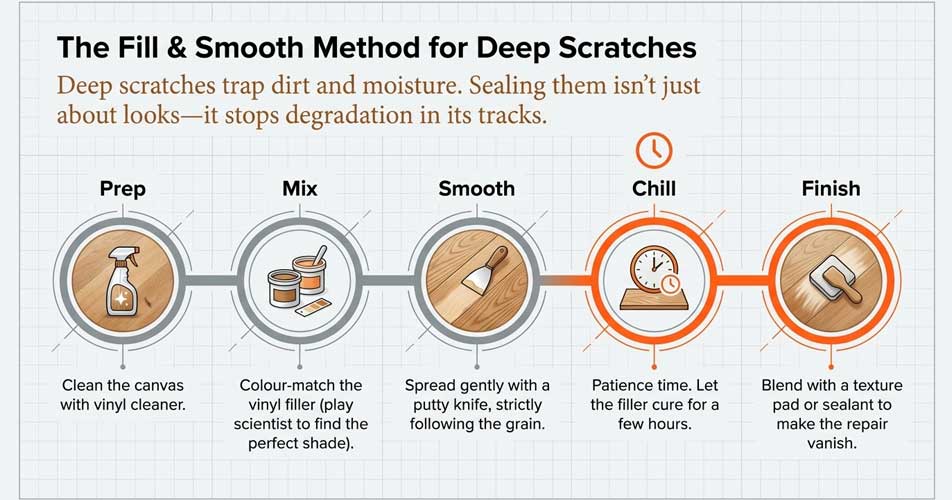 repair deep scratches on LVT flooring using filler and smoothing technique