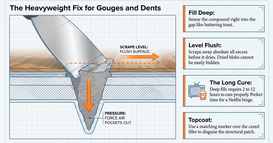 filling gouges in vinyl plank flooring using repair compound and colour match