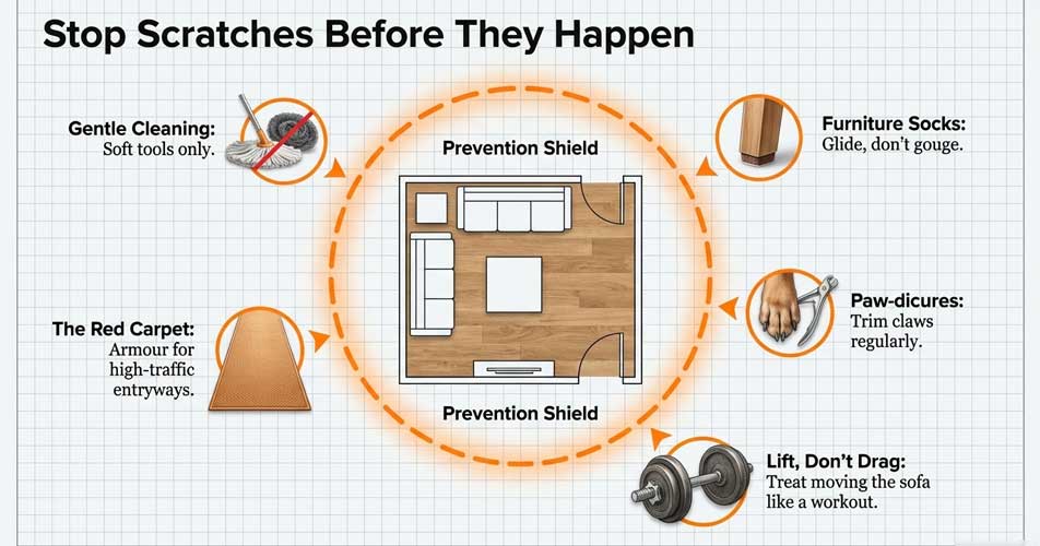 prevent scratches on vinyl flooring protective pads cleaning and maintenance tips