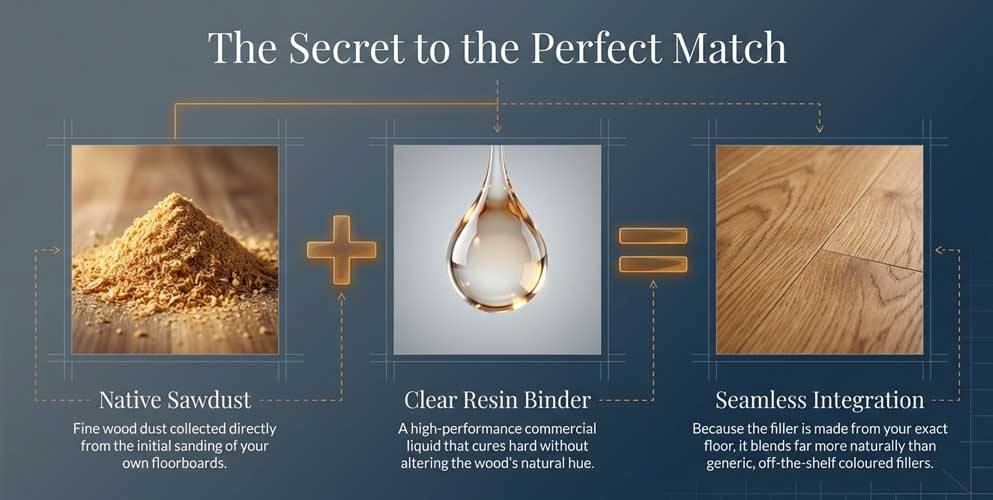 wood floor gap filling with sawdust and clear resin during sanding in London