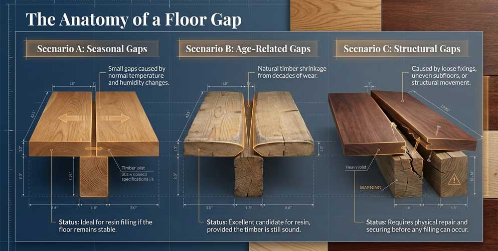 different types of gaps in wood floors between floorboards and parquet blocks