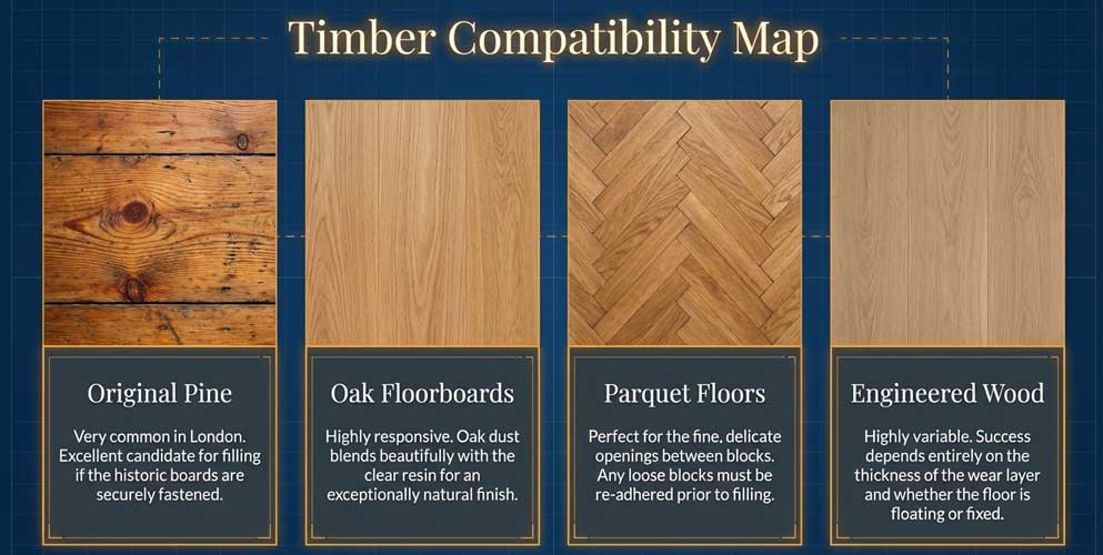 resin gap filling for parquet floorboards and other wooden floor types