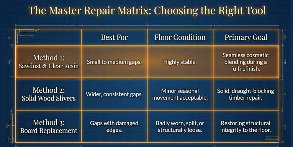 comparison of resin gap filling wood slivers and board replacement for wood floors