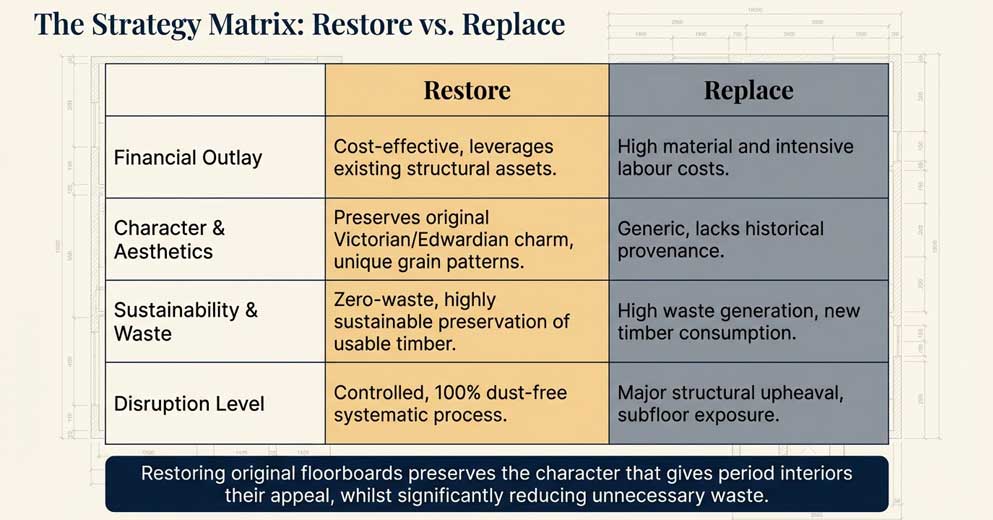 restoring original floorboards instead of replacing them in London property