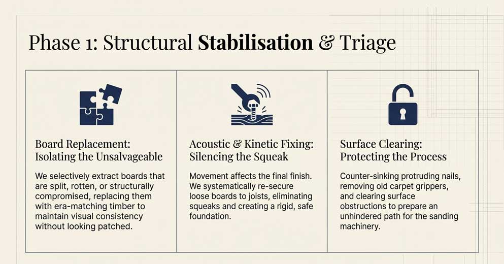 floorboard repairs before sanding including loose boards gaps and damaged timber