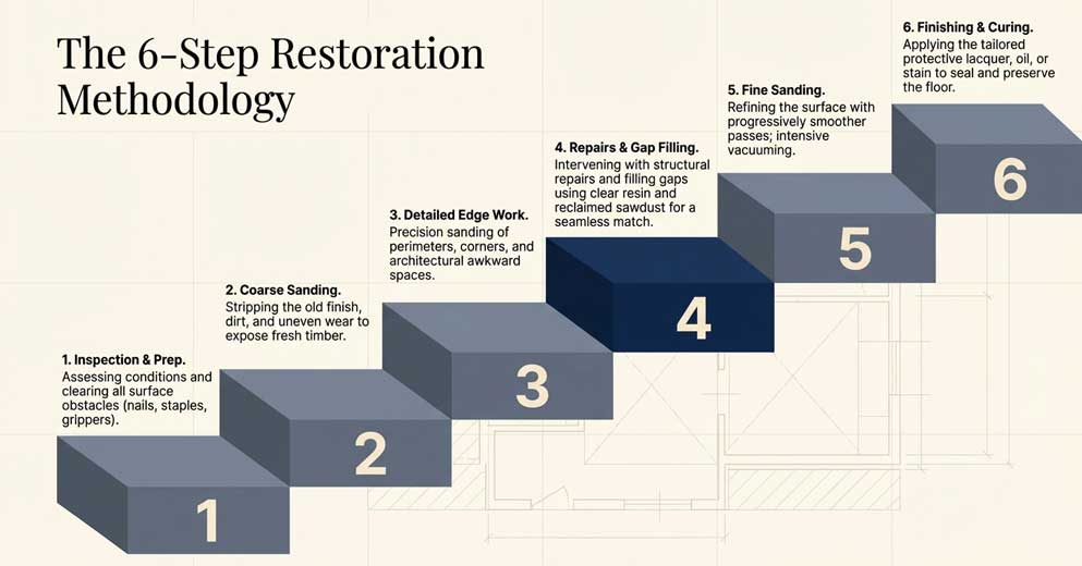 floorboard sanding process step by step for old wooden floors in London