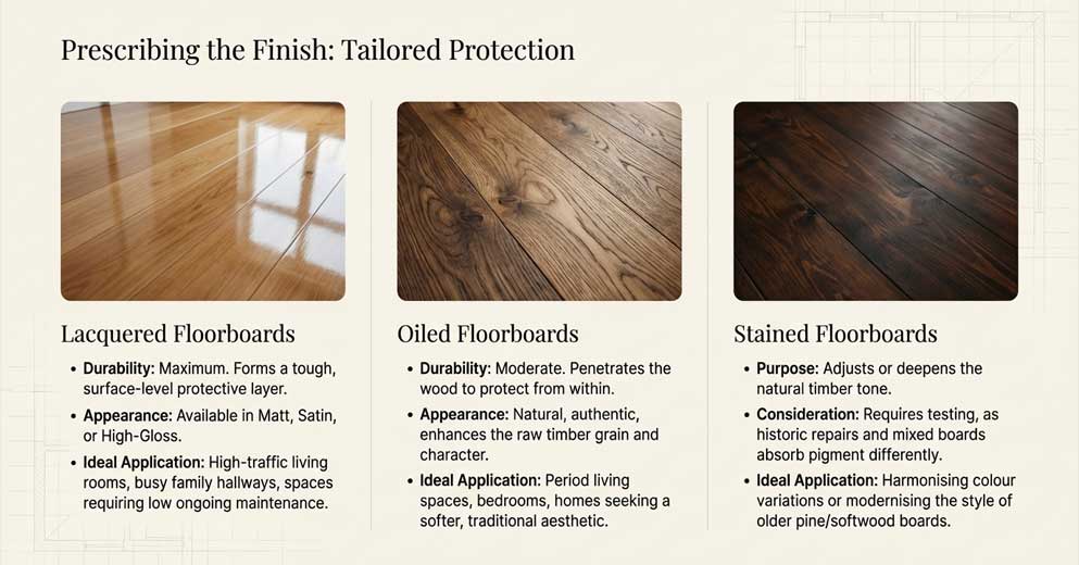 sanded floorboards with finishing options including lacquer oil and stain