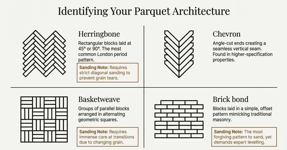 types of parquet flooring restored in London including herringbone and block parquet