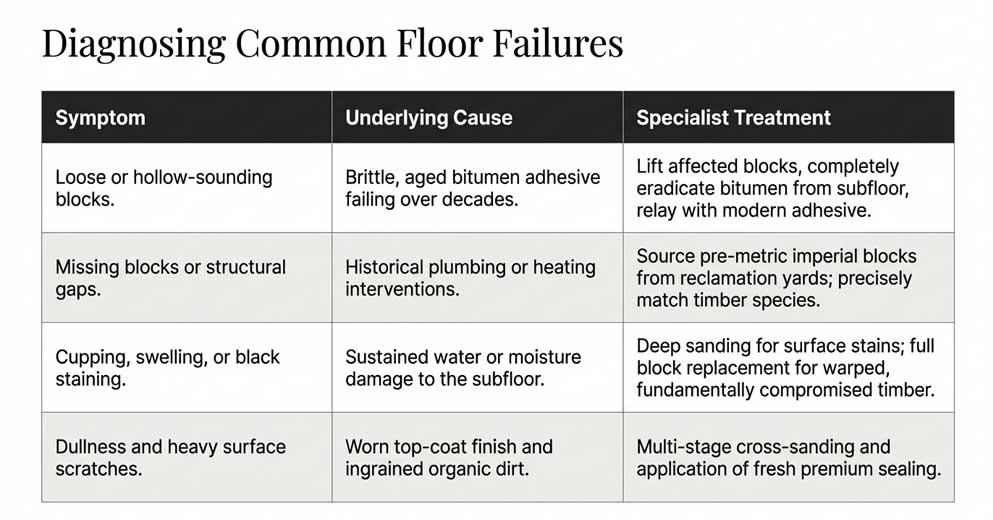 common parquet floor problems including loose blocks gaps stains and wear