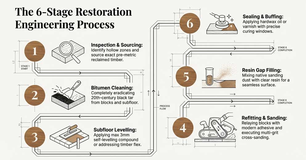 parquet floor restoration process including repairs sanding and refinishing in London