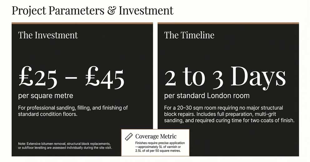 parquet floor restoration cost in London based on condition repairs and finish