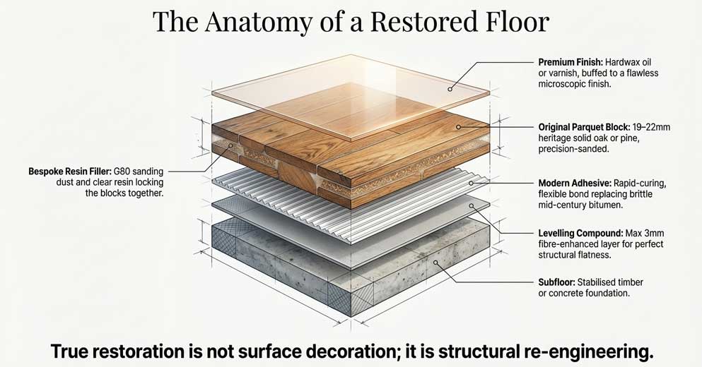 details of a restored parquet floor showing repaired sanded and finished surface